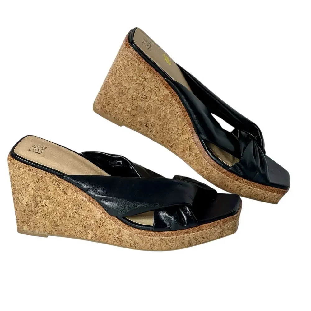 Cork Wedge Slide Sandals Twist Knot Platform W9 Black Minimalist